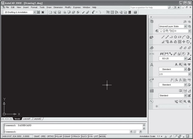 Рабочее окно AutoCAD 2008