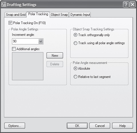 Вкладка Polar Tracking (Полярное отслеживание) окна Drafting Settings (Настройки рисования)