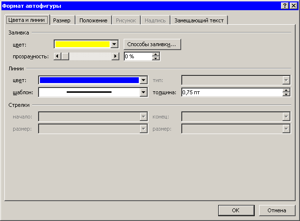 Вкладка Цвета и линии окна Формат автофигуры