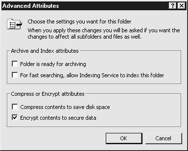 Диалоговое окно Advanced Atributes (Дополнительные атрибуты) позволяет включить шифрование файла или папки