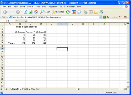 Документ Excel, открытый в окне браузера