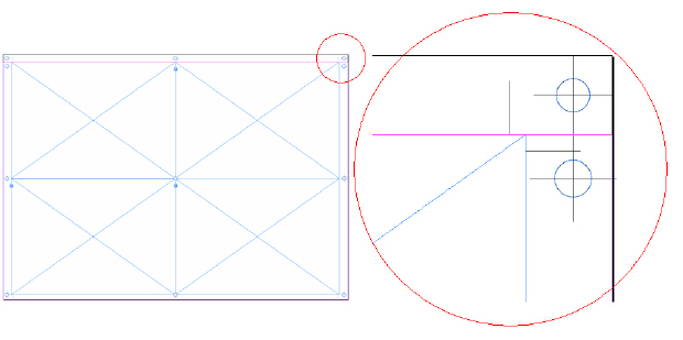 На макете расставлены кресты и метки реза (справа показан угол макета в увеличенном масштабе)