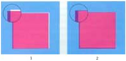 Пример печати с трепингом и без (1 - Без трепинга. Наблюдаем дефект при наложении цветов - белый зазор между цветами.  2 - Дефект приводки, компенсирован трепингом)