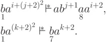 \begin{align*}
& \underset{ 1 }{ b } a ^{i+(j+2)^2} \squeeze{\overstar{\vdash}}
a b ^{j+1} \underset{ 8 }{ a } a ^{i+2} ,\\
& \underset{ 1 }{ b } a ^{(k+2)^2} \overstar{\vdash}
\underset{ 7 }{ b } a ^{k+2} .
\end{align*}