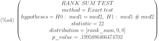 (\%o4)\  
\begin{pmatrix}
RANK\  SUM\  TEST\cr 
method=Exact\  test\cr 
hypotheses=H0:\  med1 = med2 ,\  H1:\  med1\  \#\  med2\cr 
statistic=22\cr 
distribution=[rank\_sum,9,8]\cr 
p\_value=.1995886466474702
\end{pmatrix}
