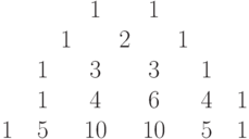\setcounter{MaxMatrixCols}{20}
  \begin{matrix}
   &&&& 1 && 1\\
   &&& 1 && 2 && 1\\
   && 1 && 3 && 3 && 1\\
   && 1 && 4 && 6 && 4 && 1\\
   1 && 5 && 10 && 10 && 5 && 1
  \end{matrix}