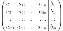 \left(
\begin{aligned}
&a_{11} & a_{12} && \ldots && a_{1n} \\
&a_{21} & a_{22} && \ldots && a_{2n} \\
&\ldots & \ldots && \ldots && \ldots \\
&a_{m1} & a_{m2} && \ldots && a_{mn}
\end{aligned}
\right.
\left|
\begin{aligned}
&b_1 \\
&b_2 \\
&\ldots \\
&b_m
\end{aligned}
\right)