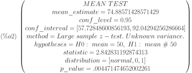 (\%o2)\  
\begin{pmatrix}
MEAN\  TEST\cr 
mean\_estimate=74.88571428571429\cr 
conf\_level=0.95\cr 
conf\_interval=[57.72848600856193,92.04294256286664]\cr 
method=Large\  sample\  z-test.\  Unknown\  variance.\cr 
hypotheses=H0:\  mean = 50 ,\  H1:\  mean\  \#\  50\cr 
statistic=2.842831192874313\cr 
distribution=[normal,0,1]\cr 
p\_value=.004471474652002261
\end{pmatrix}