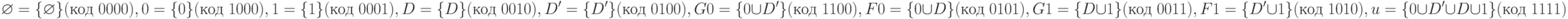 \varnothing=\lbrace \varnothing \rbrace (\text{код }0000), 0=\lbrace 0\rbrace (\text{код }1000), 1=\lbrace 1\rbrace (\text{код }0001),\\ D=\lbrace D \rbrace (\text{код }0010),D^\prime=\lbrace D^\prime \rbrace (\text{код }0100), G0=\lbrace 0 \cup D^\prime \rbrace (\text{код }1100), \\ F0=\lbrace 0 \cup D \rbrace (\text{код }0101), G1=\lbrace D \cup 1 \rbrace (\text{код }0011), F1=\lbrace D^\prime \cup 1 \rbrace (\text{код }1010), \\ u=\lbrace 0\cup D^\prime \cup D \cup 1\rbrace (\text{код }1111)