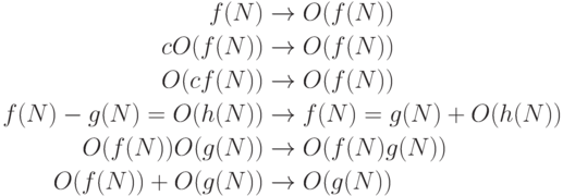 
          \begin{align*}
          f(N)&\rightarrow O(f(N))\\
          cO(f(N))&\rightarrow O(f(N))\\
          O(cf(N))&\rightarrow O(f(N))\\
          f(N)-g(N)=O(h(N))&\rightarrow f(N)=g(N)+O(h(N))\\
          O(f(N))O(g(N))&\rightarrow O(f(N)g(N))\\
          O(f(N))+O(g(N))&\rightarrow O(g(N))\\
          \end{align*}
        