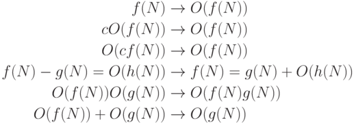 \begin{align*}
f(N)&\rightarrow O(f(N))\\
cO(f(N))&\rightarrow O(f(N))\\
O(cf(N))&\rightarrow O(f(N))\\
f(N)-g(N)=O(h(N))&\rightarrow f(N)=g(N)+O(h(N))\\
O(f(N))O(g(N))&\rightarrow O(f(N)g(N))\\
O(f(N))+O(g(N))&\rightarrow O(g(N))\\
\end{align*}