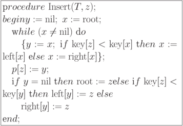 \formula{
\t procedure\ {\rm
Insert}(T,z);\\
begin y := {\rm nil};\ x := {\rm
root};\\
\mbox{}\q\t while\ (x \ne {\rm
nil})\ \t do\\
\mbox{}\q\q \{y := x;\ \t if\ {\rm
key}[z] < {\rm key}[x]\
\t then\ x := {\rm left}[x]\
\t else\ x := {\rm right}[x]\};\\
\mbox{}\q p[z] := y;\\
\mbox{}\q \t if\ y = {\rm nil}\
\t then\
{\rm root} := z \t else\ \t if\ {\rm key}[z] < {\rm key}[y]\
\t then\ {\rm left}[y] := z\
\t else\\
\mbox{}\q\q {\rm right}[y]:= z\\
\t end;
}