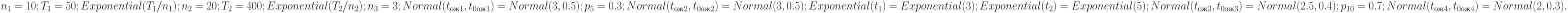 n_{1} = 10; T_{1} = 50; Exponential(T_{1} / n_{1} ); \\
n_{2} = 20; T_{2} = 400; Exponential(T_{2} / n_{2}); \\
n_{3}= 3; Normal(t_{ож1}, t_{0ож1}) = Normal(3, 0.5);\\
p_{5}= 0.3; Normal(t_{ож2}, t_{0ож2}) = Normal(3, 0.5);\\
Exponential(t_{1}) = Exponential(3); Exponential(t_{2}) = Exponential(5);\\
Normal(t_{ож3} , t_{0ож3} ) = Normal(2.5, 0.4);\\
p_{10}=0.7; Normal(t_{ож4}, t_{0ож4}) = Normal(2, 0.3).\\