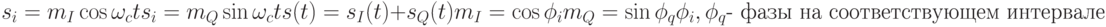 s_i=m_I\cos\omega_ct\\s_i=m_Q\sin\omega_ct\\s(t)=s_I(t)+s_Q(t)\\m_I=\cos\phi_i\\m_Q=\sin\phi_q\\
\phi_i,\phi_q\text{- фазы на соответствующем интервале}