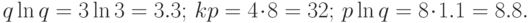 q \ln{q} = 3\ln{3} = 3.3;\, kp = 4\cdot 8 = 32;\, p\ln{q} = 8\cdot {1.1} = 8.8.