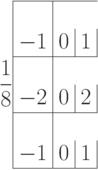 
  \frac{1}{8} \begin{array}{|c|c|c|}
  \hline \\
  -1 & 0 & 1 \\
  \hline \\
  -2 & 0 & 2 \\
  \hline \\
  -1 & 0 & 1 \\
  \hline 
  \end{array} 
 