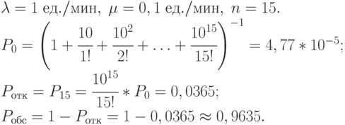 $\begin{array}{*{20}{l}}
  {\lambda  = 1\;ед./мин,\;\mu  = 0,1\;ед./мин,\;n = 15.} \\
  {{P_0} = {{\left( {1 + \cfrac{{10}}{{1!}} + \cfrac{{{{10}^2}}}{{2!}} +  \ldots  + \cfrac{{{{10}^{15}}}}{{15!}}} \right)}^{ - 1}} = 4,77*{{10}^{ - 5}};} \\
  {{P_{отк}} = {P_{15}} = \cfrac{{{{10}^{15}}}}{{15!}}*{P_0} = 0,0365;} \\
  {{P_{обс}} = 1 - {P_{отк}} = 1 - 0,0365 \approx 0,9635.}
\end{array}$