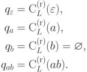 \begin{align*}
q_\varepsilon &= \rightcontext_{L} ( \varepsilon ) ,\\
q_a &= \rightcontext_{L} ( a ) ,\\
q_b &= \rightcontext_{L} ( b ) = \varnothing ,\\
q_{ab} &= \rightcontext_{L} ( ab ) .
\end{align*}