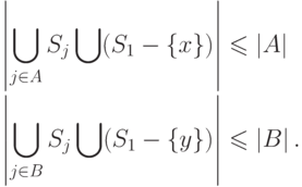 \begin{align*}
\left|\bigcup _{j\in A}S_{j} \bigcup (S_{1} -\{ x\} ) \right| & \le
\left|A\right|\\
\left|\bigcup_{j\in B}S_{j} \bigcup (S_{1} -\{ y\} )\right| & \le
\left|B\right|.
\end{align*}