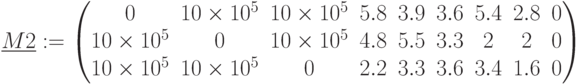 \underline {M2}:=\begin{pmatrix} 0 & 10\times 10^5 & 10\times 10^5 & 5.8 & 3.9 & 3.6 & 5.4 & 2.8 & 0\\ 10\times 10^5 & 0 & 10\times 10^5 & 4.8 & 5.5 & 3.3 & 2 & 2 & 0\\ 10\times 10^5 & 10\times 10^5 & 0 & 2.2 & 3.3 & 3.6 & 3.4 & 1.6 & 0 \end{pmatrix}